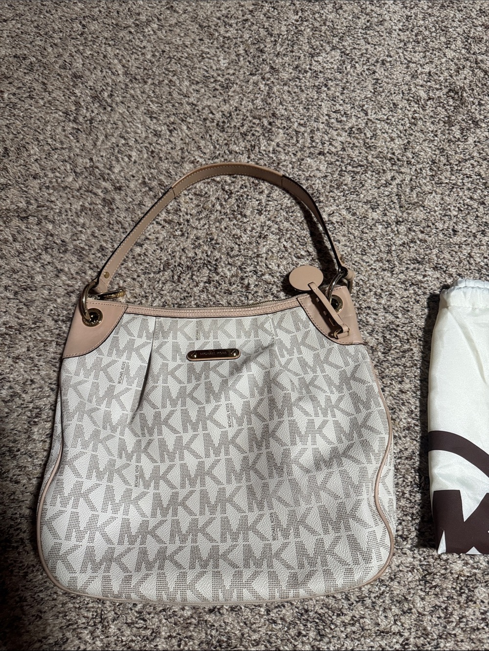 Michael Kors Taupe and Cream MK Signature Shoulder Bag